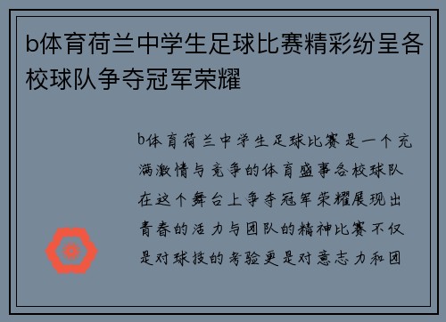 b体育荷兰中学生足球比赛精彩纷呈各校球队争夺冠军荣耀